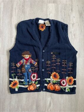 Navy Fall Scarecrow Knit Vest with Sunflowers & Pumpkins Embroidered Novelty Lg